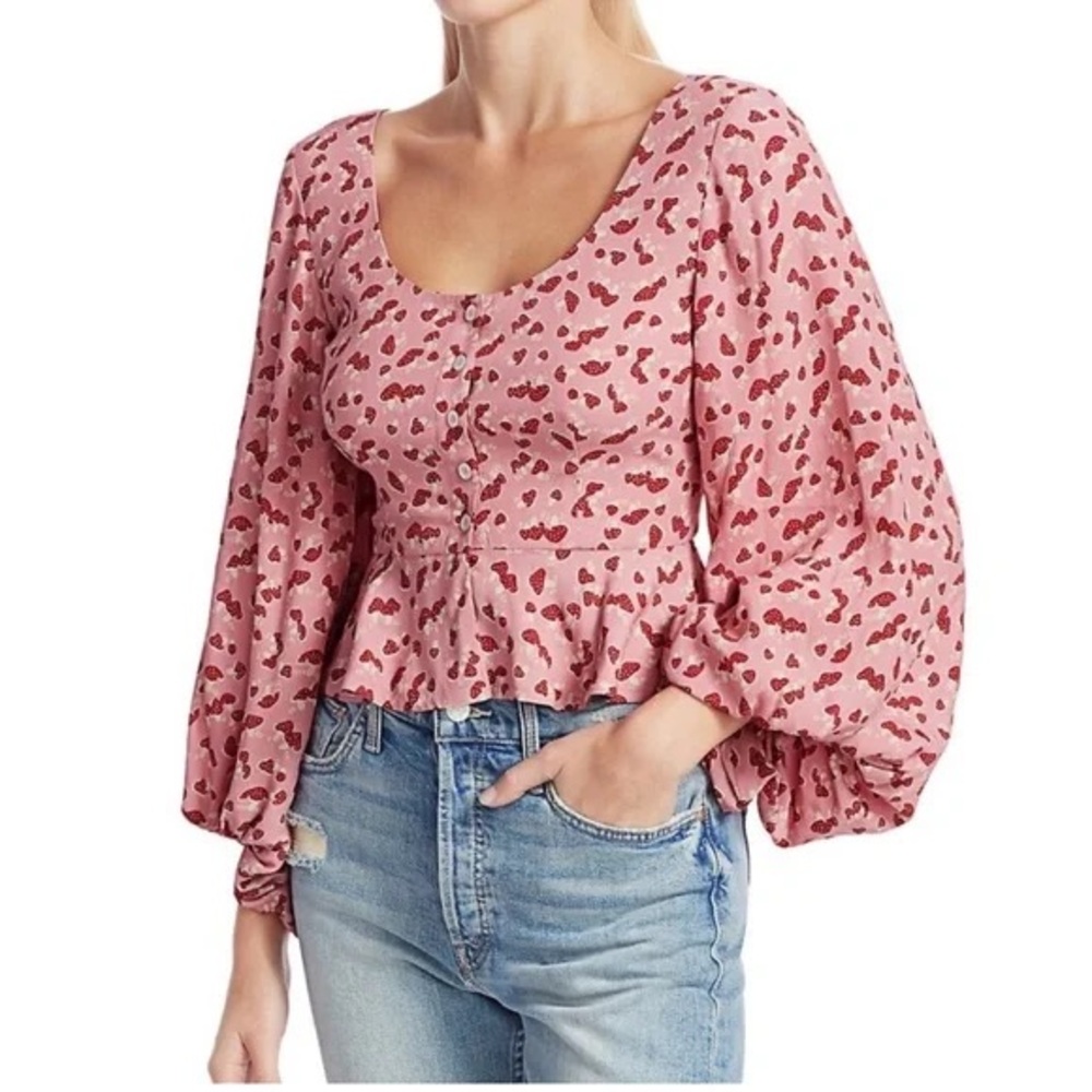 STAUD Gisele Mushroom Novelty Print Top Sz 2 BlushPink Girlcore Whimsical Peplum